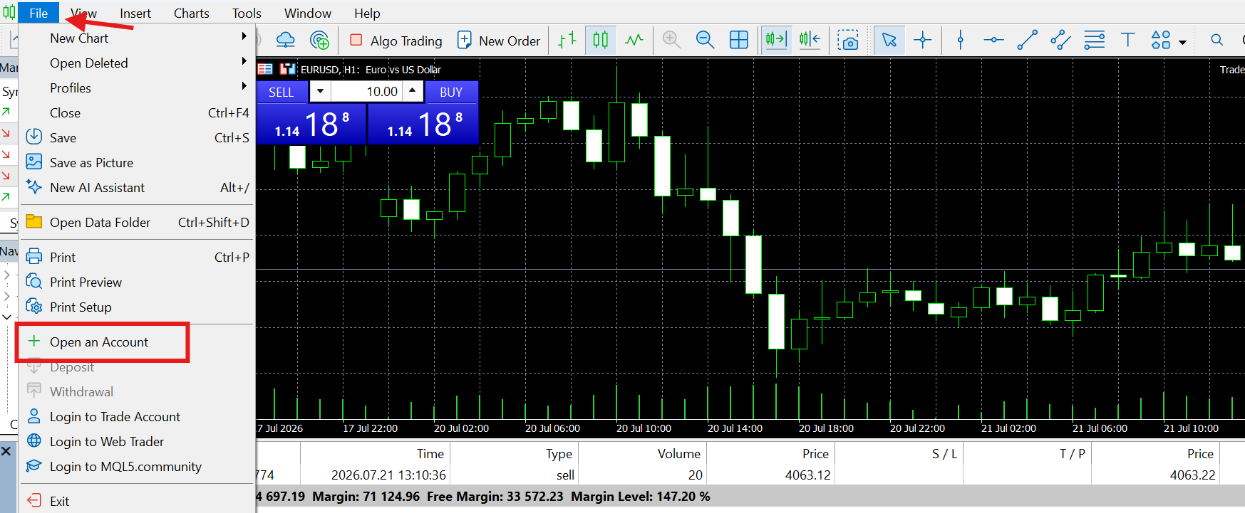 MetaTrader 'Open an Account' window