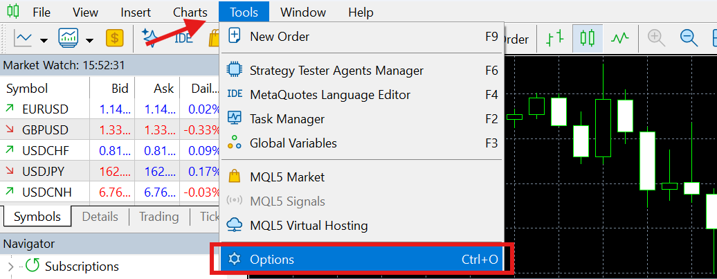 MetaTrader Tools menu with Options highlighted