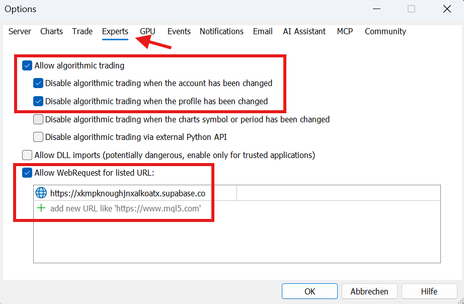 Tools > Options > Expert Advisors tab with the WebRequest URL added