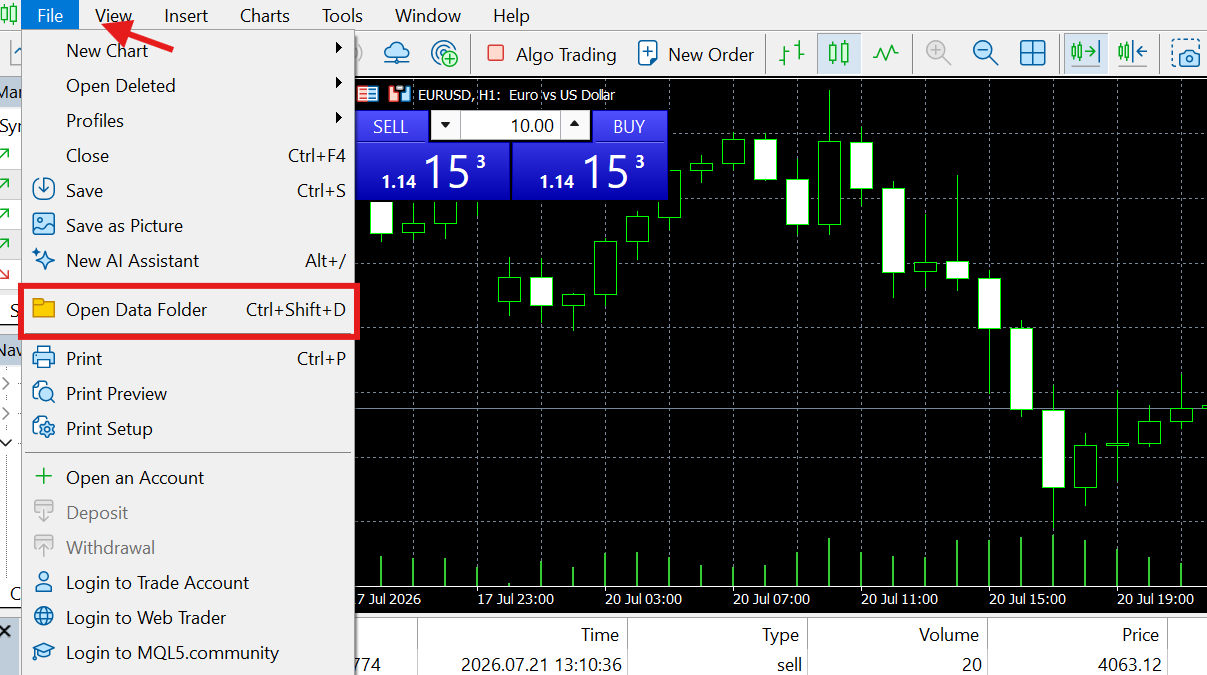 MetaTrader File menu with Open Data Folder highlighted