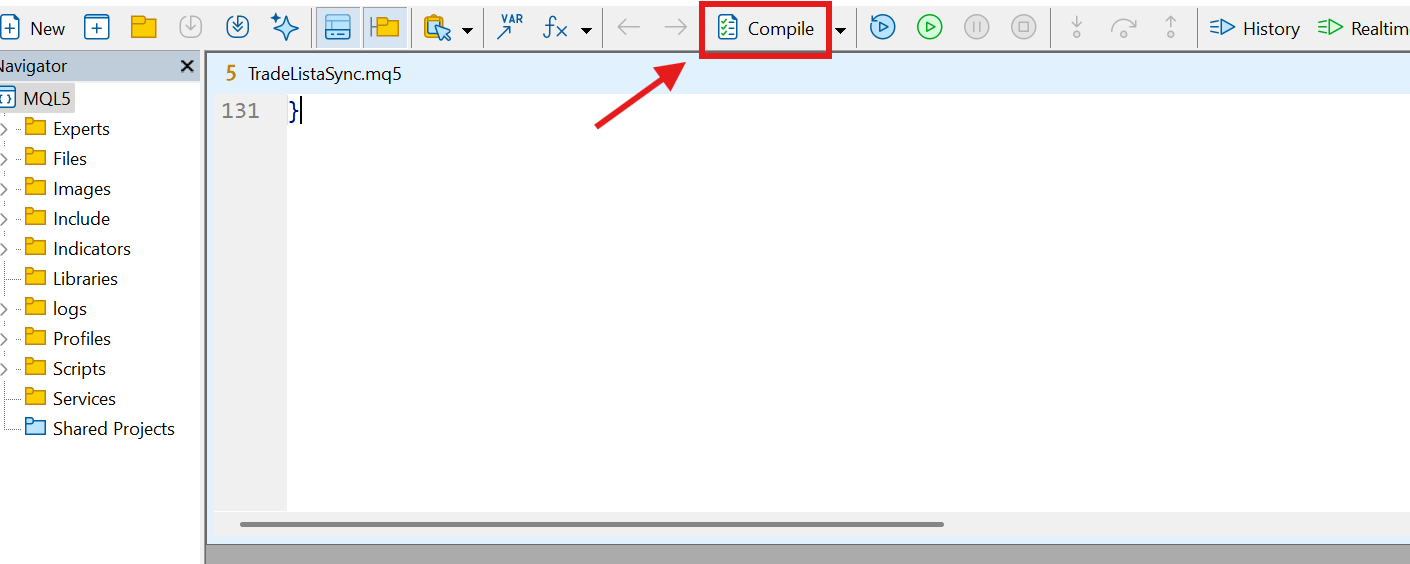 MetaEditor with the TradeListaSync code open and the Compile button highlighted