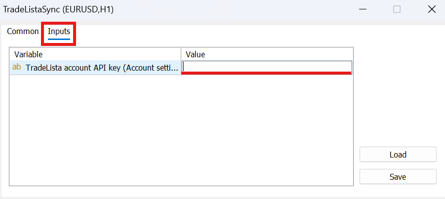 The EA Inputs tab with the TradeLista account API key field ready to paste into