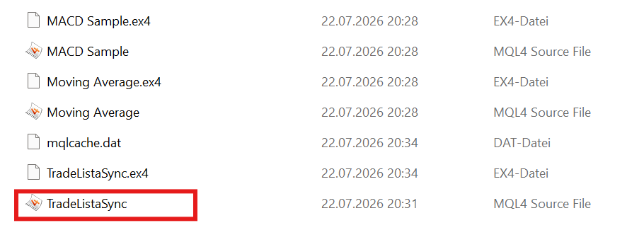 The MQL4\Experts folder with TradeListaSync.mq4 copied in — MT4 auto-compiles it into a .ex4