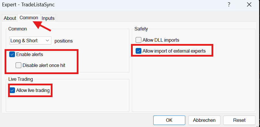 The MT4 Common tab with Allow live trading and Allow import of external experts ticked