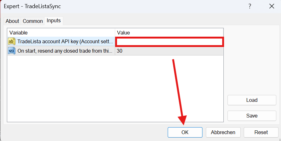 The MT4 Inputs tab with the API key field filled and the OK button