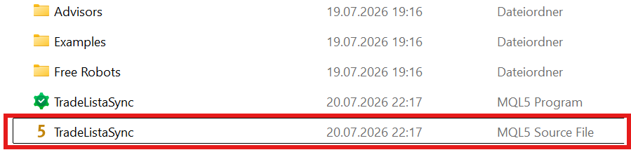 The MQL5\Experts folder with TradeListaSync.mq5 copied in