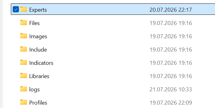 The Experts folder selected inside MQL5