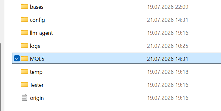 The MQL5 folder selected in the data folder