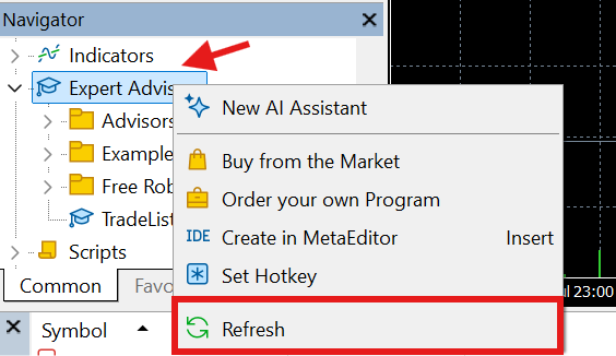 Right-clicking Expert Advisors and selecting Refresh in the Navigator