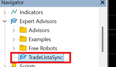 TradeListaSync now listed under Expert Advisors in the Navigator